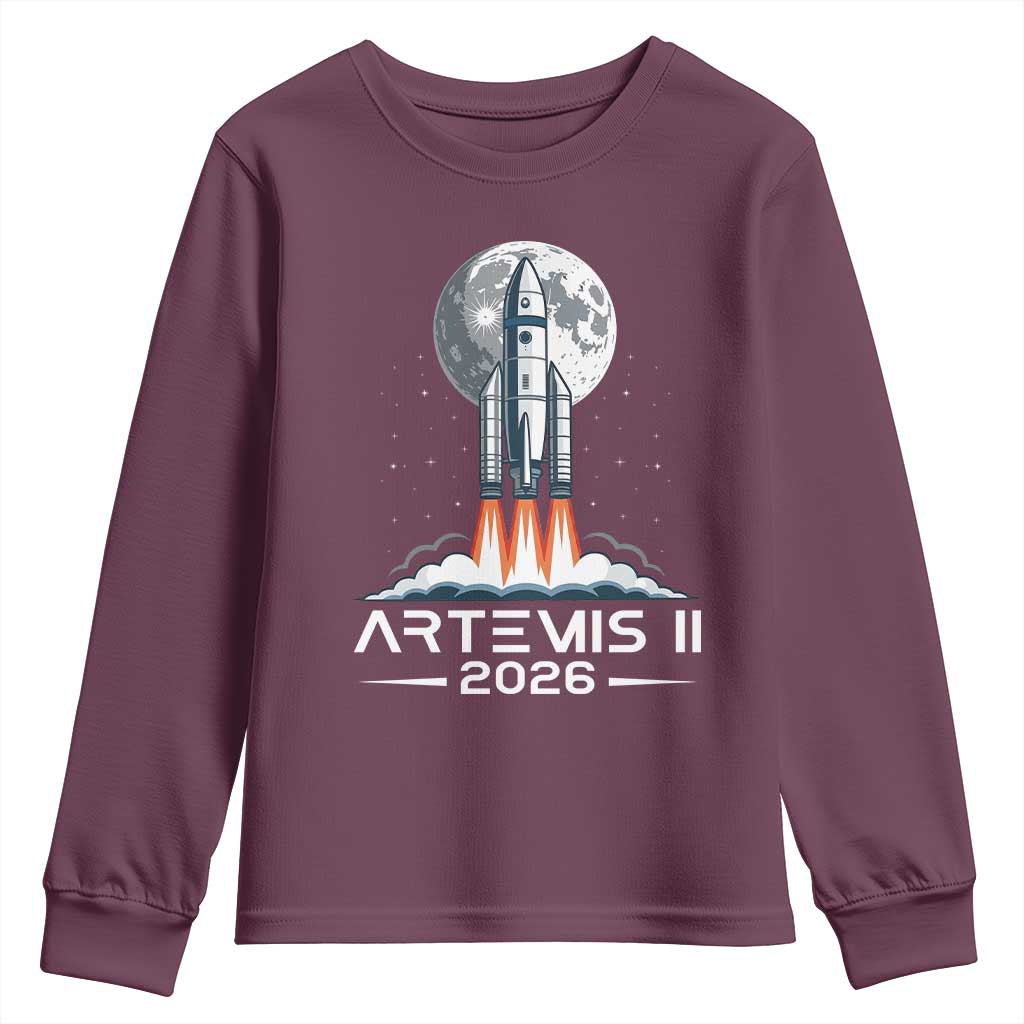 Lunar Journey 2026 Retro Rocket Launch Youth Sweatshirt Space Exploration Astronomy Enthusiasts Sci-Fi Lovers TS02 Maroon Print Your Wear