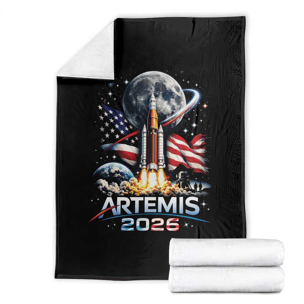 Patriotic 2026 Lunar Orbit Mission Rocket Launch Throw Blanket American Flag n Moon Patriotic Space Astronomy Enthusiasts TS02 Black Print Your Wear