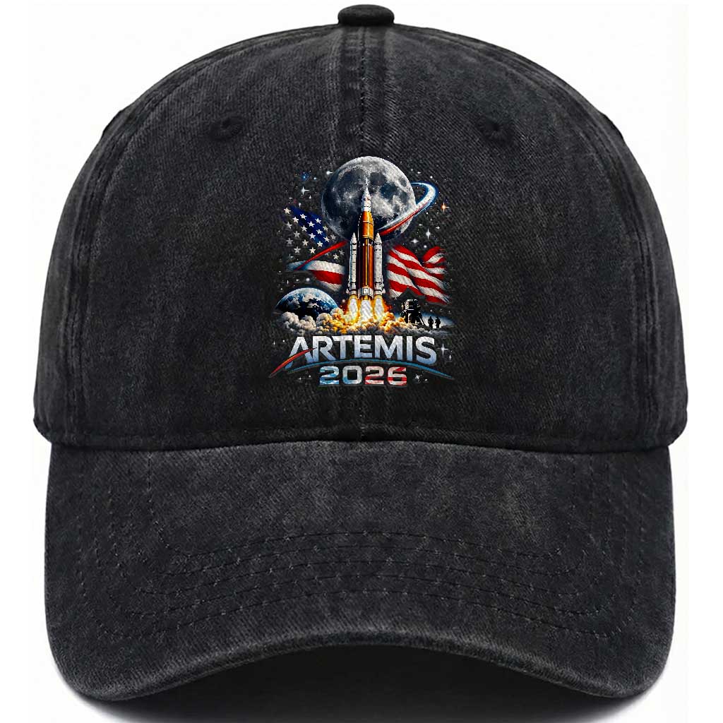 Patriotic 2026 Lunar Orbit Mission Rocket Launch Washed Cotton Baseball Cap American Flag n Moon Patriotic Space Astronomy Enthusiasts TS02 Print Your Wear