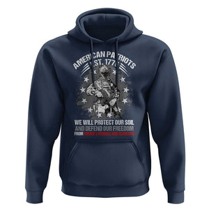 American Patriotic Hoodie We Will Protect Our Soil And Defend Our Freedom Est 1776 US Warriors TS02 Navy Print Your Wear