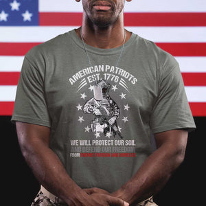 American Patriotic T Shirt We Will Protect Our Soil And Defend Our Freedom Est 1776 US Warriors TS02 Military Green Print Your Wear