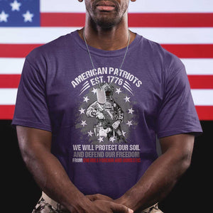 American Patriotic T Shirt We Will Protect Our Soil And Defend Our Freedom Est 1776 US Warriors TS02 Purple Print Your Wear