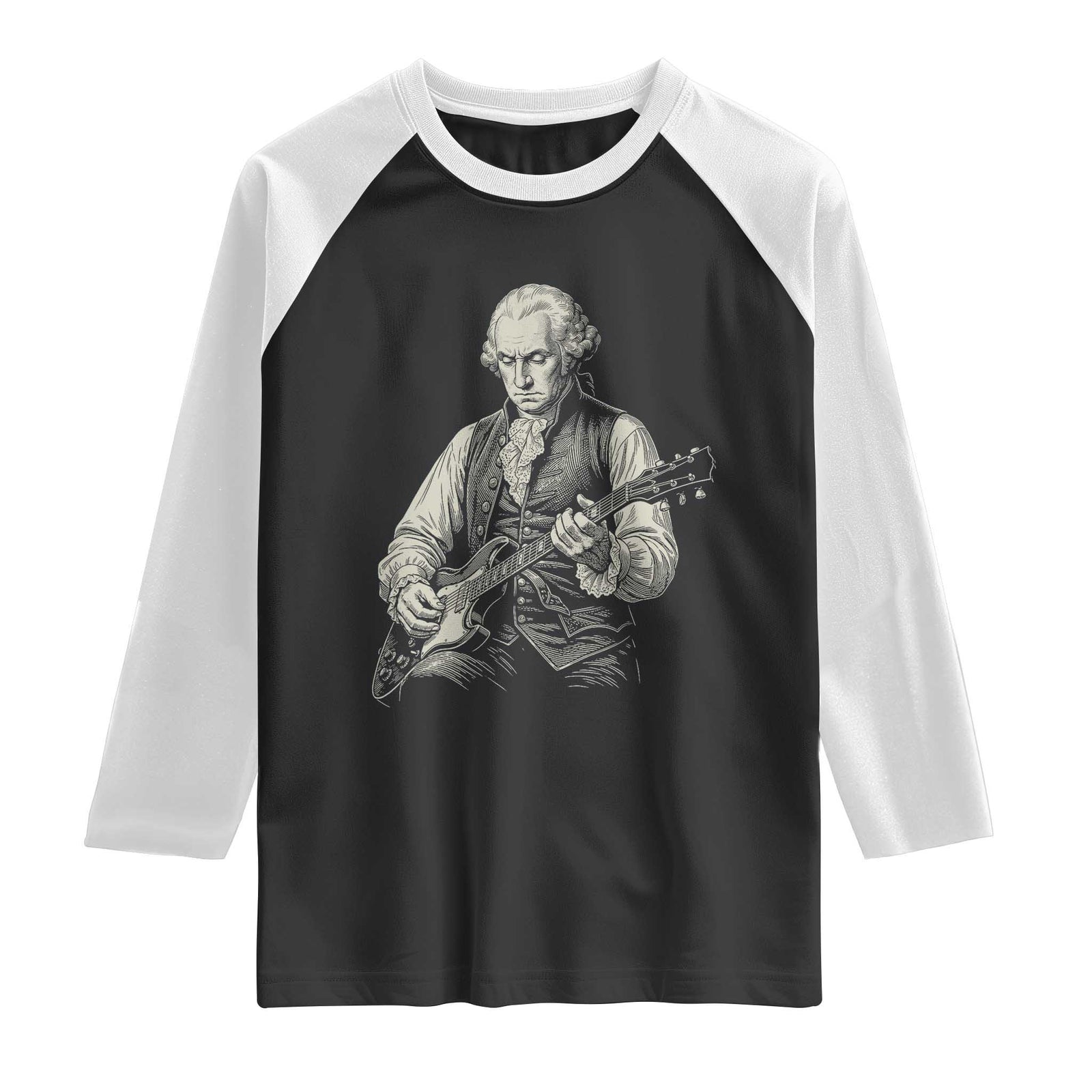 George Washington Rock Star Portrait Raglan Shirt Funny Electric Guitar Player Founding Father Patriotic Graphic TS02 Black White Print Your Wear