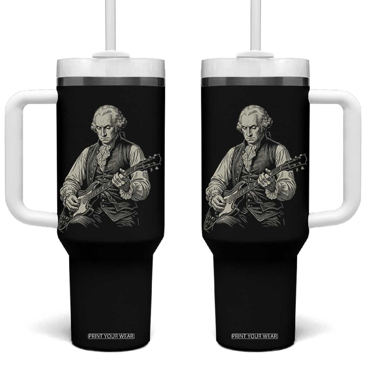 George Washington Rock Star Portrait Tumbler With Handle Funny Electric Guitar Player Founding Father Patriotic Graphic TS02 One Size: 40 oz Black Print Your Wear