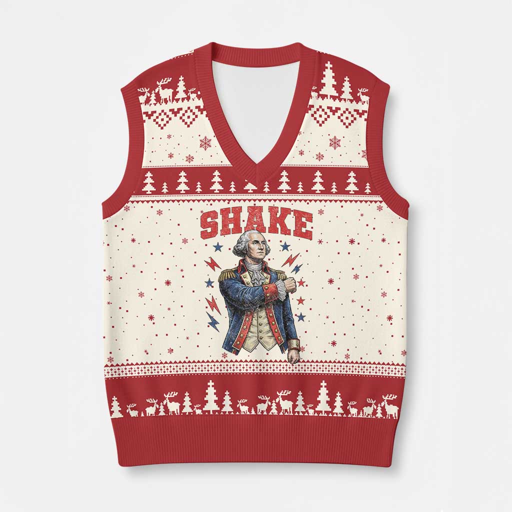 Shake Funny George Washington Patriotic Graphic Matching V-Neck Knit Sweater Vest Vintage Founding Father Distressed Stars and Lightning Bolts Dynamic Duo TS02 Beige Red Print Your Wear