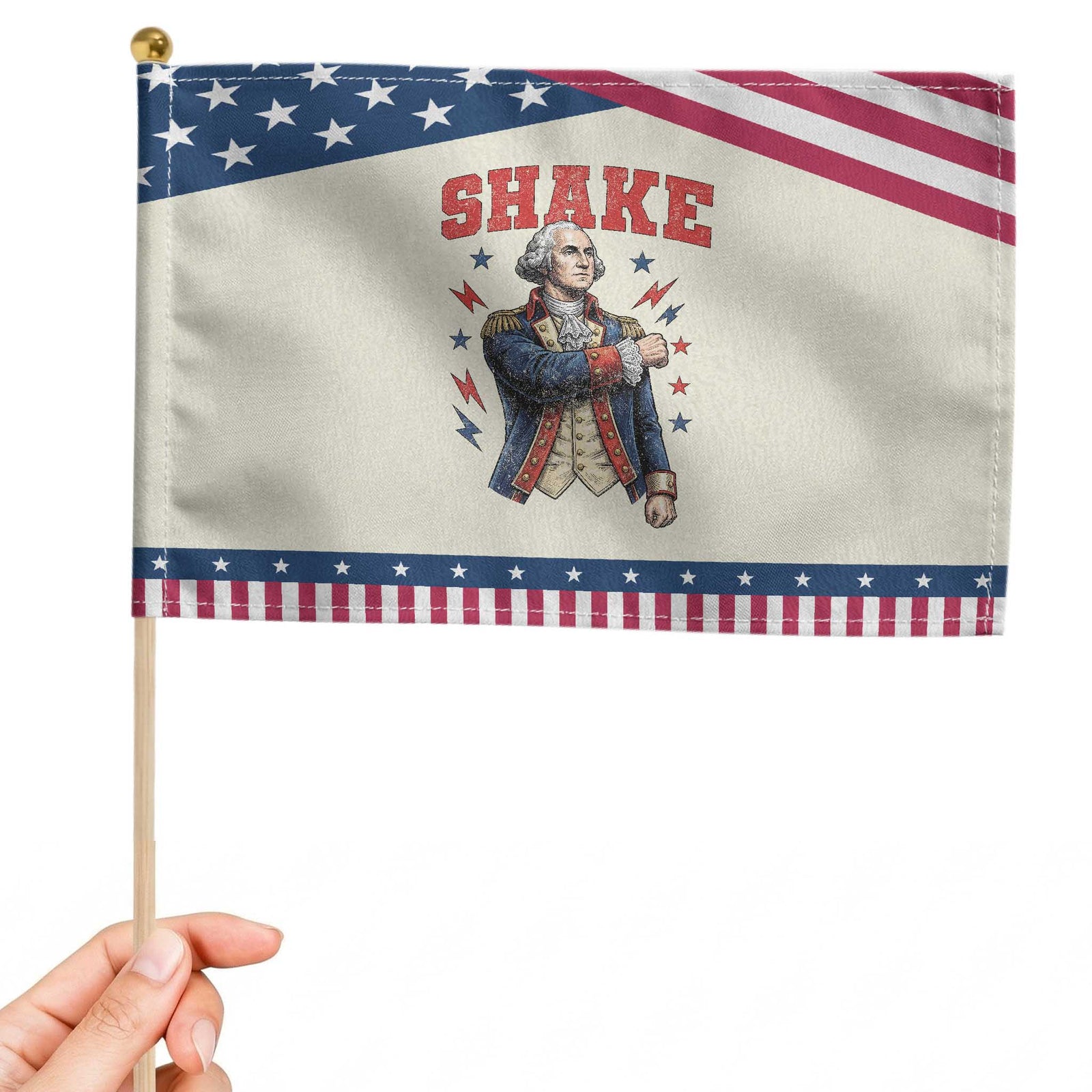Shake Funny George Washington Graphic Matching Patriotic Handheld Flag Vintage Founding Father Distressed Stars and Lightning Bolts Dynamic Duo TS02 Modern 8.2