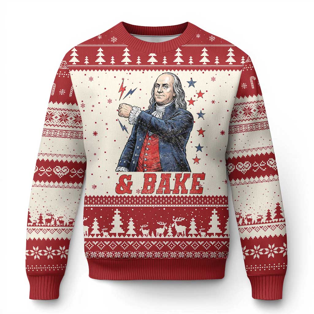And Bake Funny Benjamin Franklin Patriotic Graphic Matching Ugly Christmas Sweater Vintage Founding Father Distressed Stars and Lightning Bolts Dynamic Duo TS02 Beige Red Print Your Wear