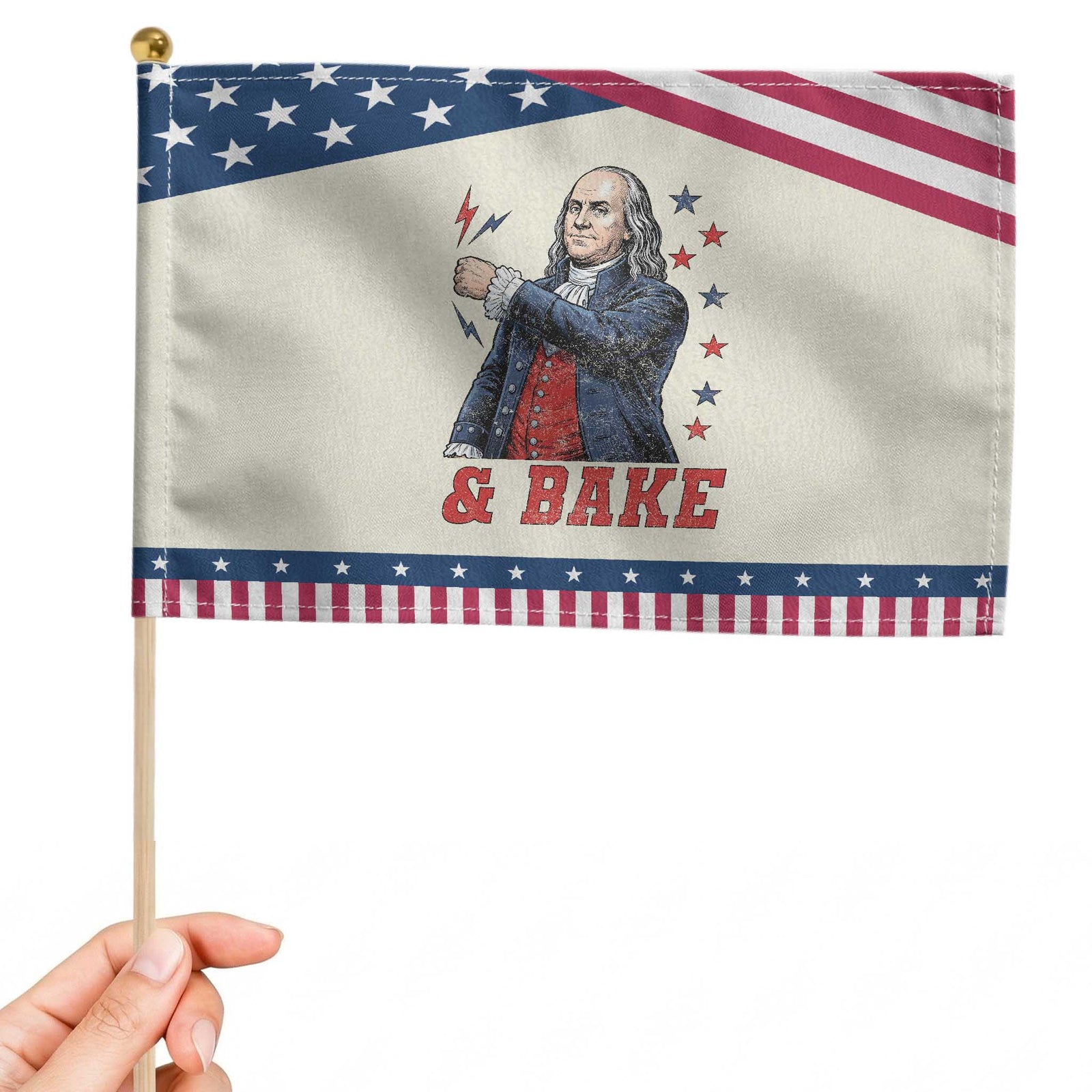 And Bake Funny Benjamin Franklin Graphic Matching Patriotic Handheld Flag Vintage Founding Father Distressed Stars and Lightning Bolts Dynamic Duo TS02 Modern 8.2