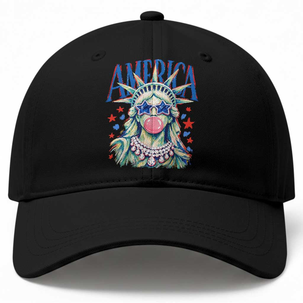 America Statue of Liberty Blowing Bubblegum Baseball Cap Star and Glasses Patriotic Summer Vibes Graphic TS02 Print Your Wear