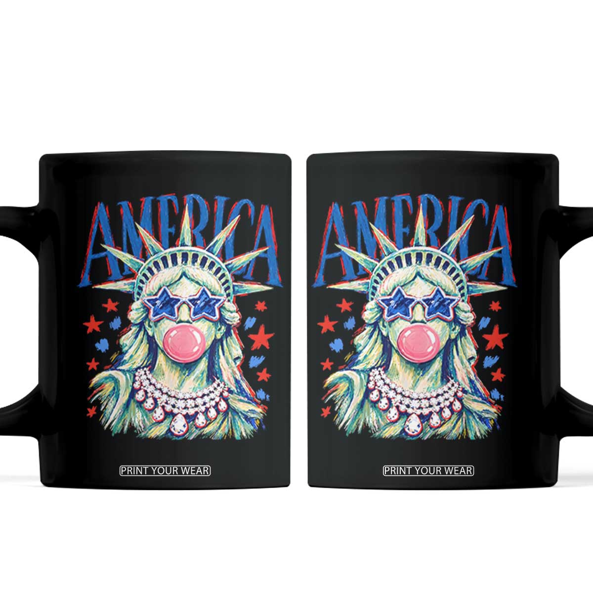 America Statue of Liberty Blowing Bubblegum Coffee Mug Star and Glasses Patriotic Summer Vibes Graphic TS02 Black Print Your Wear