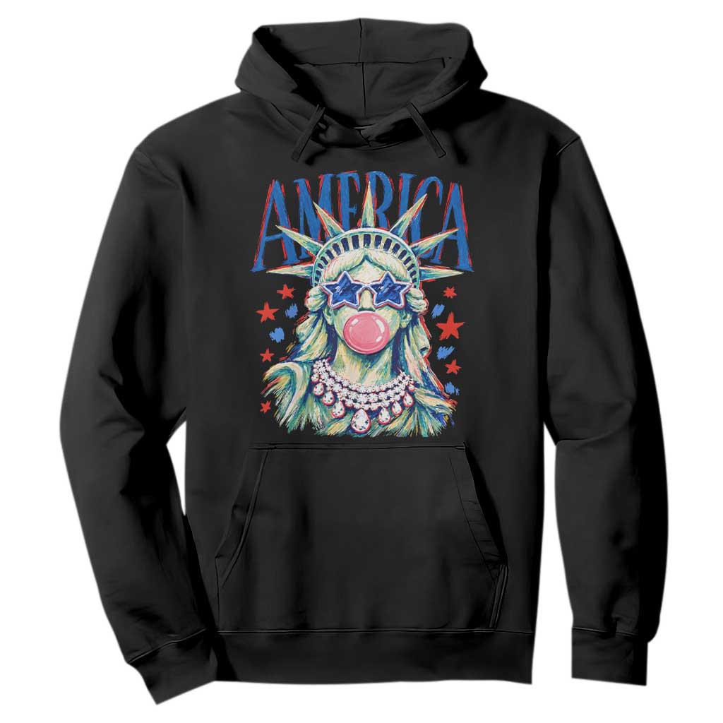America Statue of Liberty Blowing Bubblegum Hoodie Star and Glasses Patriotic Summer Vibes Graphic TS02 Black Print Your Wear