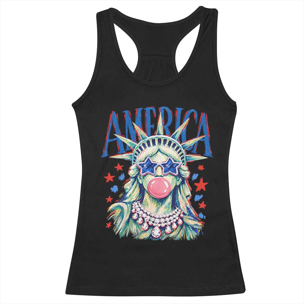 America Statue of Liberty Blowing Bubblegum Racerback Tank Top Star and Glasses Patriotic Summer Vibes Graphic TS02 Black Print Your Wear