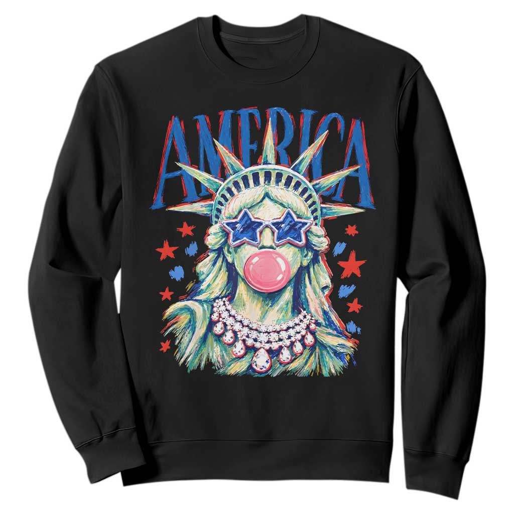 America Statue of Liberty Blowing Bubblegum Sweatshirt Star and Glasses Patriotic Summer Vibes Graphic TS02 Black Print Your Wear