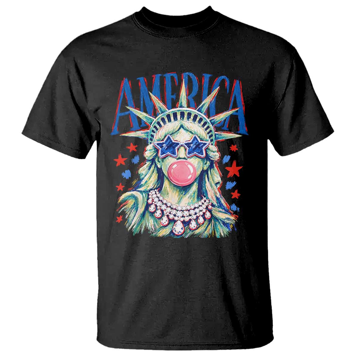 America Statue of Liberty Blowing Bubblegum T Shirt Star and Glasses Patriotic Summer Vibes Graphic TS02 Black Print Your Wear