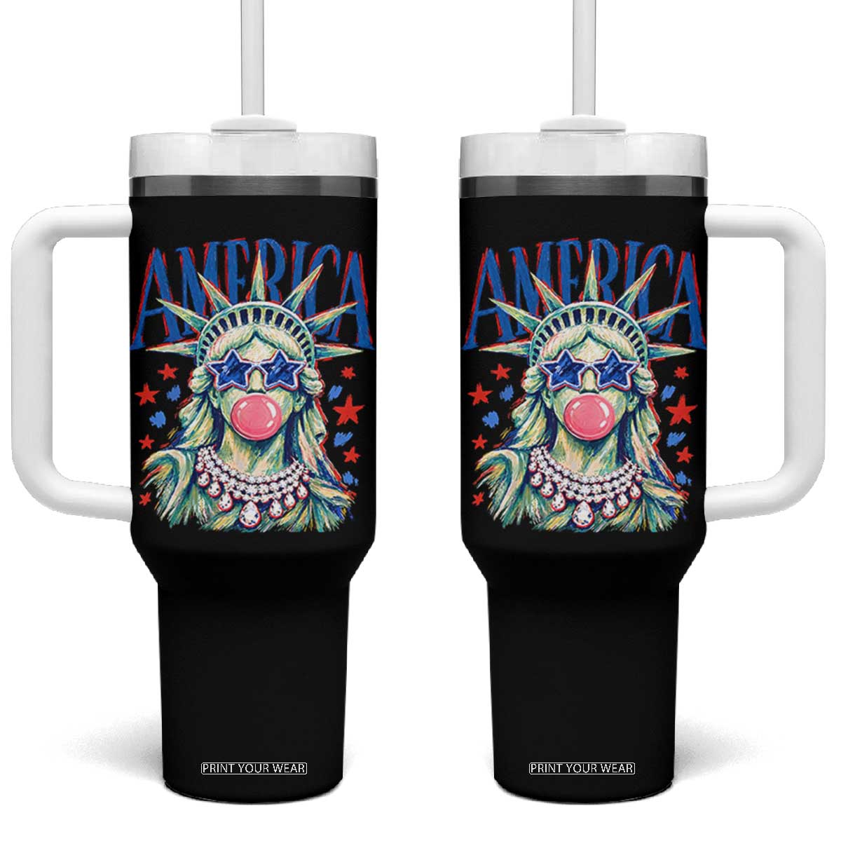 America Statue of Liberty Blowing Bubblegum Tumbler With Handle Star and Glasses Patriotic Summer Vibes Graphic TS02 One Size: 40 oz Black Print Your Wear