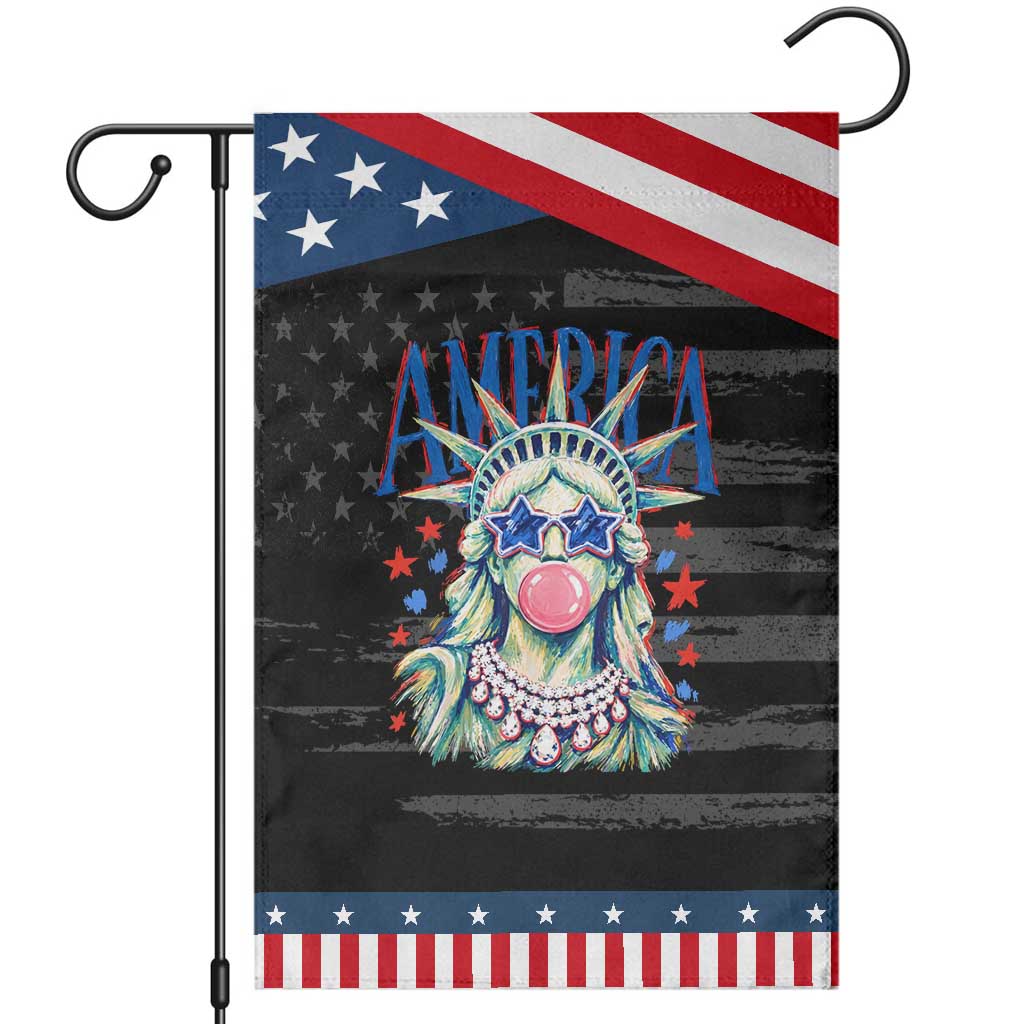 America Statue of Liberty Blowing Bubblegum Patriotic Garden Flag Star and Glasses Summer Vibes Graphic TS02 Distressed Black Blue Print Your Wear