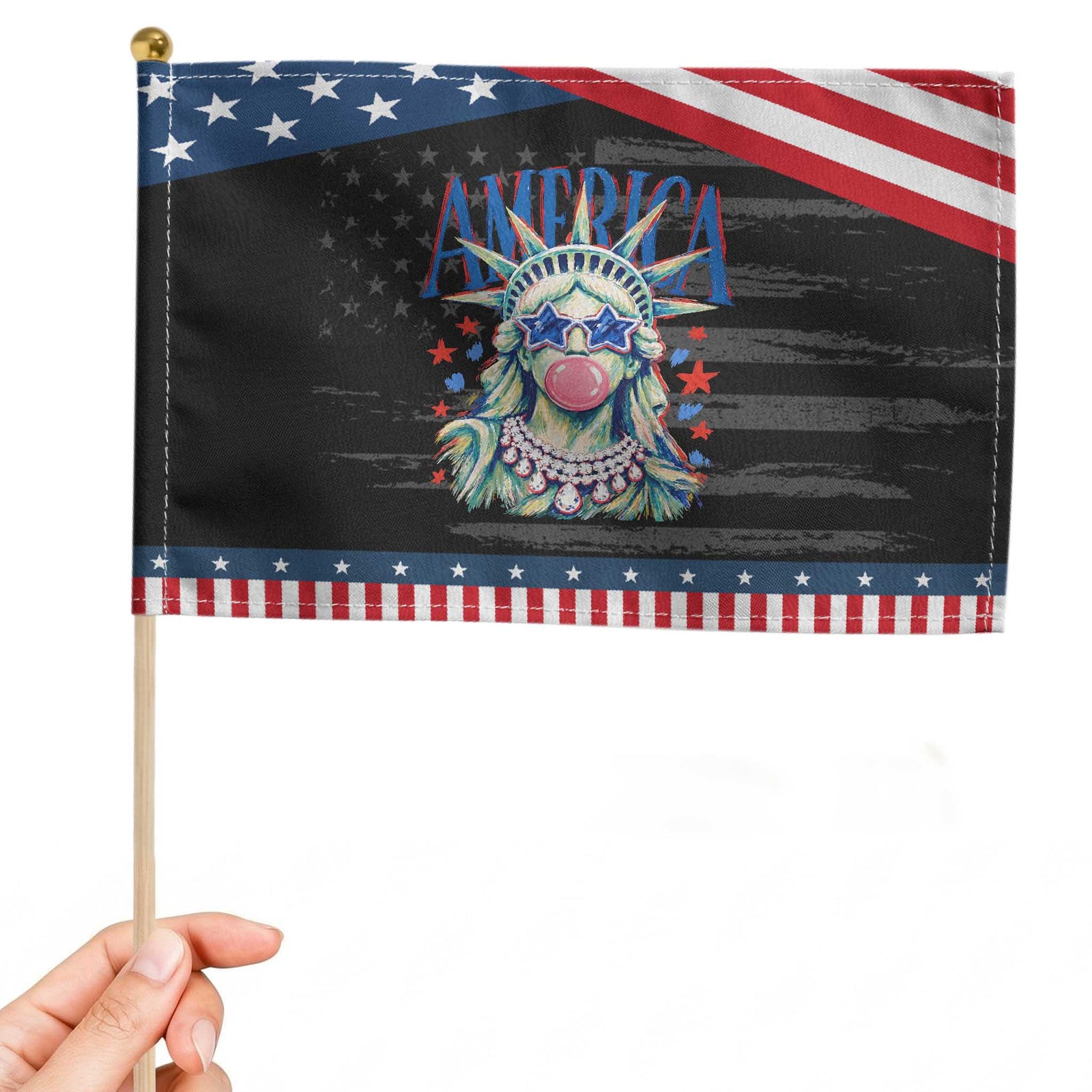 America Statue of Liberty Blowing Bubblegum Patriotic Handheld Flag Star and Glasses Summer Vibes Graphic TS02 Distressed 8.2
