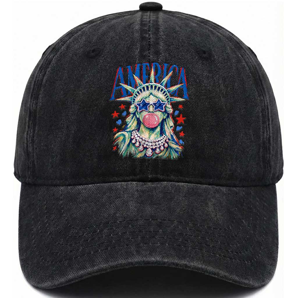 America Statue of Liberty Blowing Bubblegum Washed Cotton Baseball Cap Star and Glasses Patriotic Summer Vibes Graphic TS02 Print Your Wear