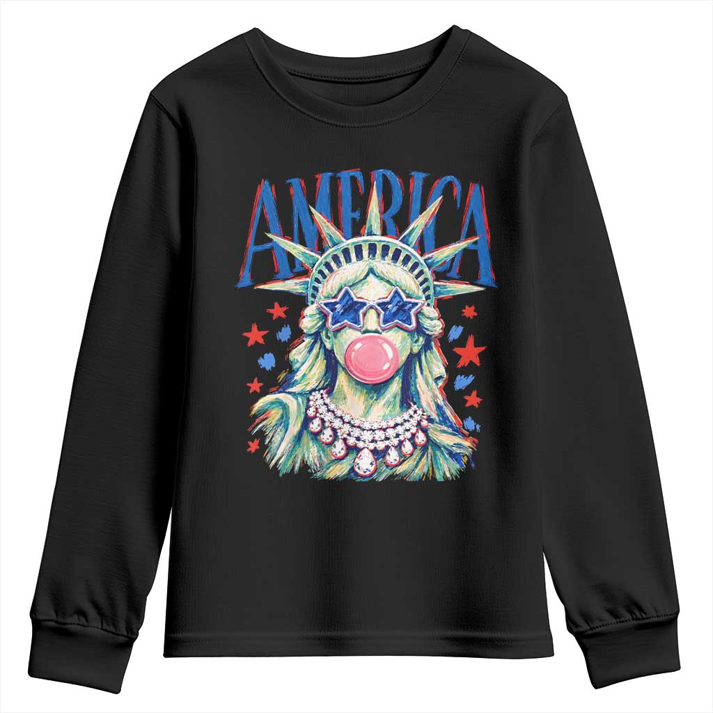 America Statue of Liberty Blowing Bubblegum Youth Sweatshirt Star and Glasses Patriotic Summer Vibes Graphic TS02 Black Print Your Wear