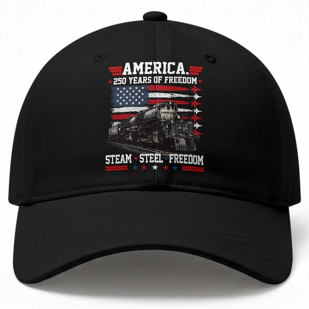 Steam Steel Freedom Stainless American Spirit Baseball Cap 250 Years USA Railroad Legend Patriotic Military Jet Flyover Graphic TS02 Print Your Wear