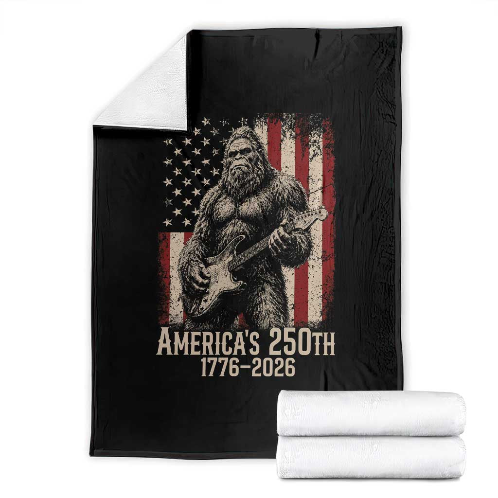 Americas 250th Anniversary 1776-2026 Bigfoot Rock Star Throw Blanket Playing Electric Guitar Distressed American Flag Graphic TS02 Black Print Your Wear