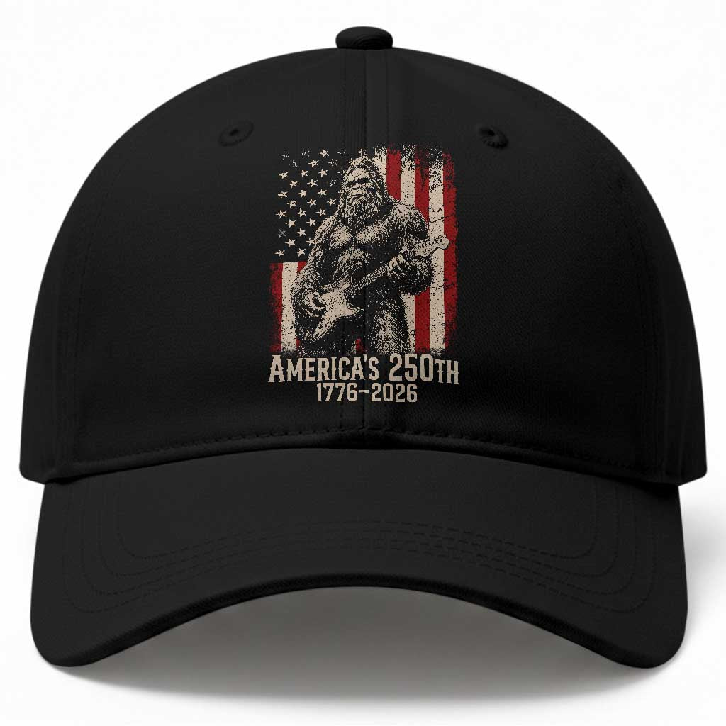 Americas 250th Anniversary 1776-2026 Bigfoot Rock Star Baseball Cap Playing Electric Guitar Distressed American Flag Graphic TS02 Print Your Wear