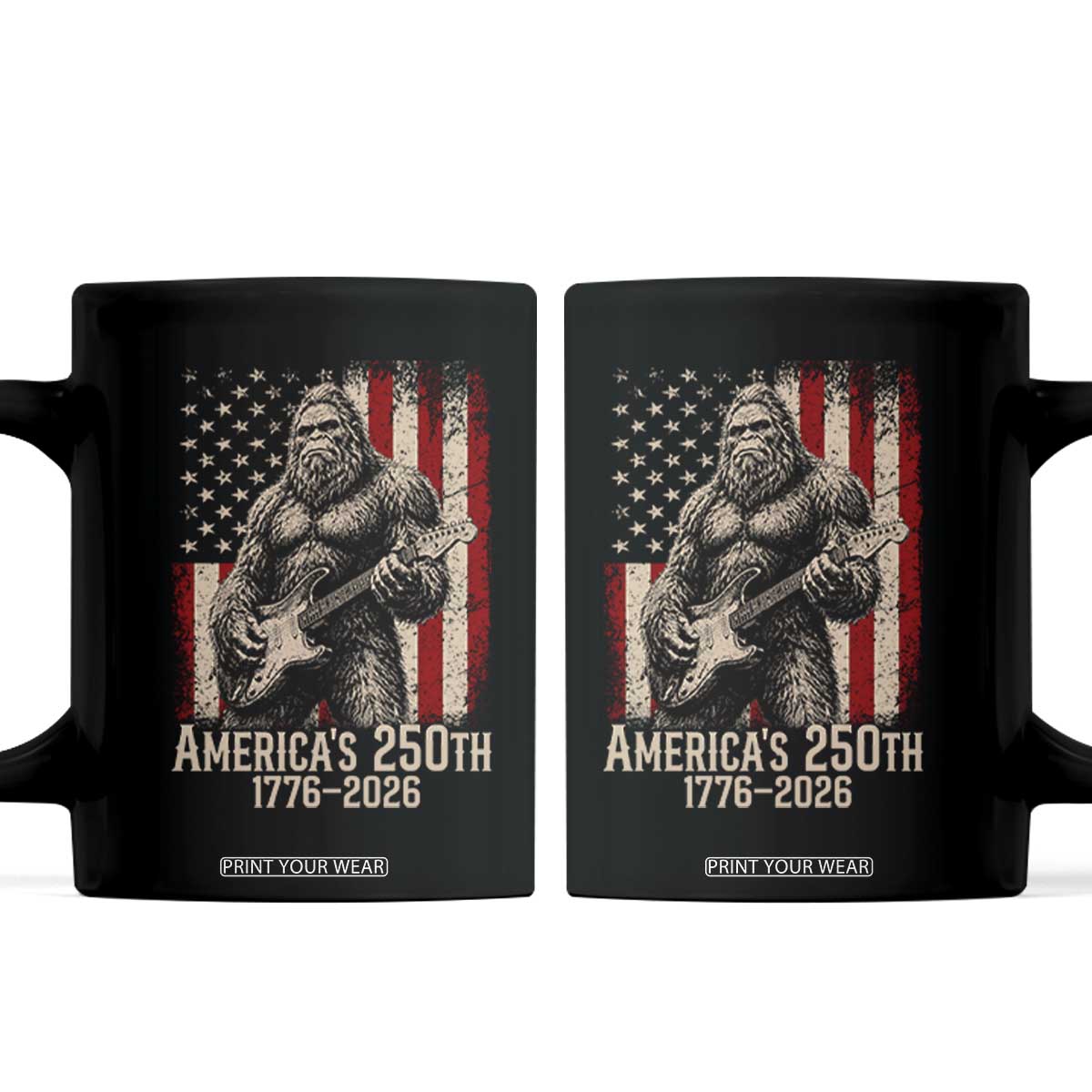 Americas 250th Anniversary 1776-2026 Bigfoot Rock Star Coffee Mug Playing Electric Guitar Distressed American Flag Graphic TS02 Black Print Your Wear