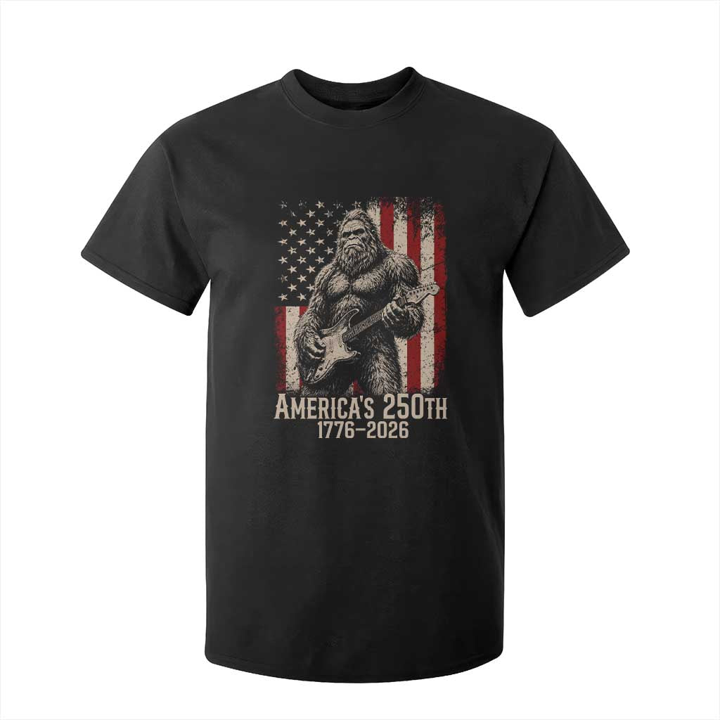 Americas 250th Anniversary 1776-2026 Bigfoot Rock Star T Shirt For Kid Playing Electric Guitar Distressed American Flag Graphic TS02 Black Print Your Wear