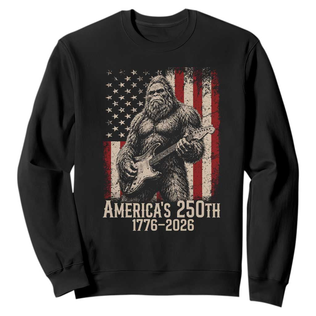 Americas 250th Anniversary 1776-2026 Bigfoot Rock Star Sweatshirt Playing Electric Guitar Distressed American Flag Graphic TS02 Black Print Your Wear