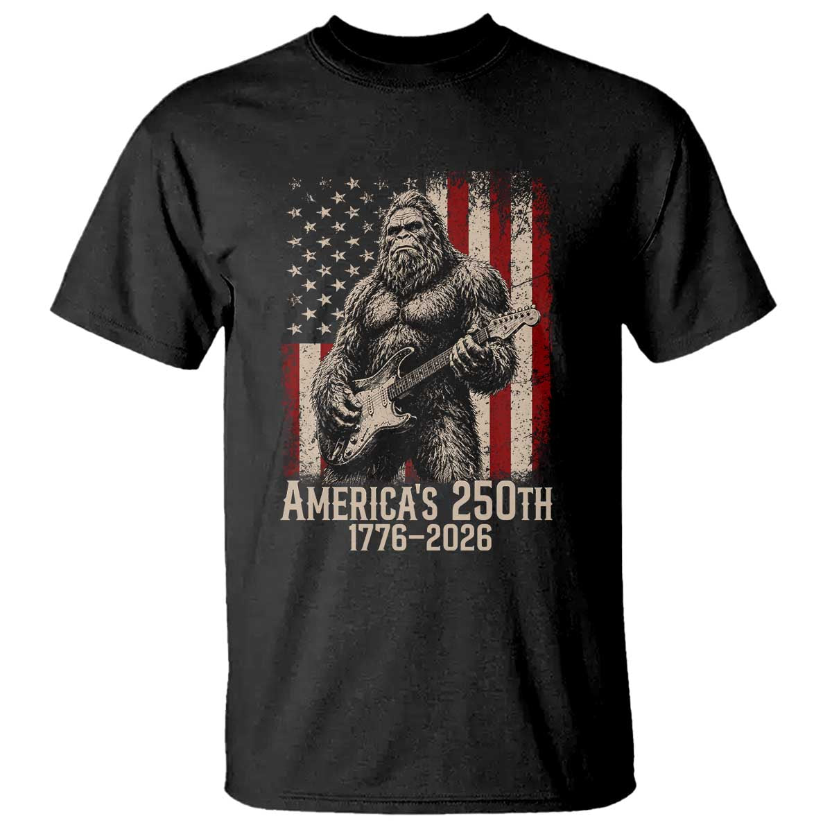 Americas 250th Anniversary 1776-2026 Bigfoot Rock Star T Shirt Playing Electric Guitar Distressed American Flag Graphic TS02 Black Print Your Wear