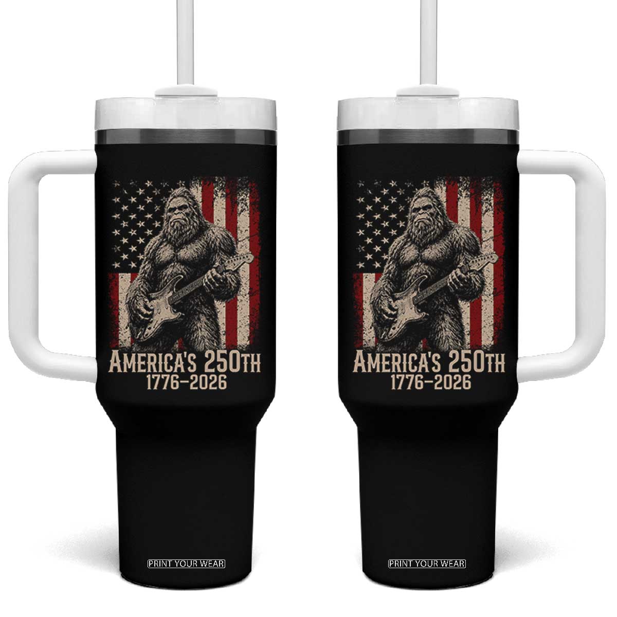 Americas 250th Anniversary 1776-2026 Bigfoot Rock Star Tumbler With Handle Playing Electric Guitar Distressed American Flag Graphic TS02 One Size: 40 oz Black Print Your Wear