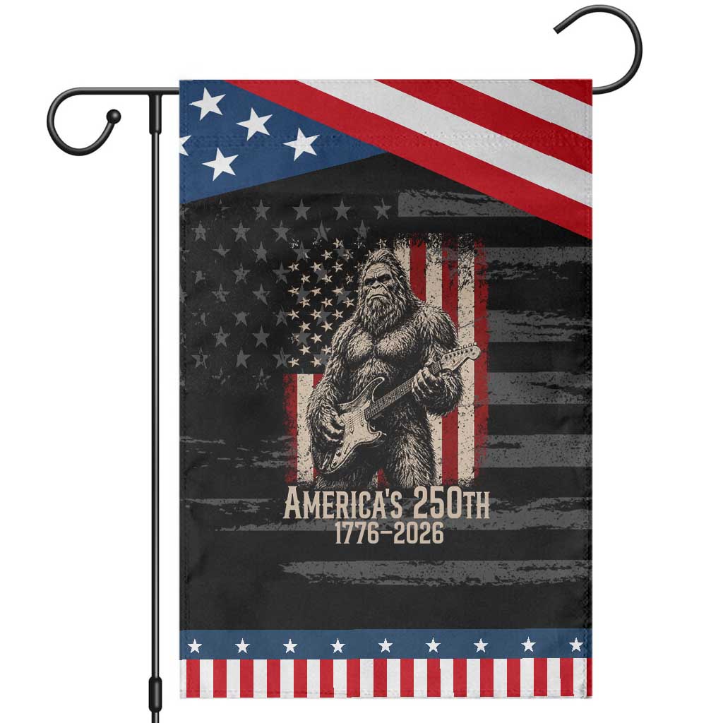 Americas 250th Anniversary 1776-2026 Bigfoot Rock Star Patriotic Garden Flag Playing Electric Guitar Distressed American Flag Graphic TS02 Distressed Black Blue Print Your Wear
