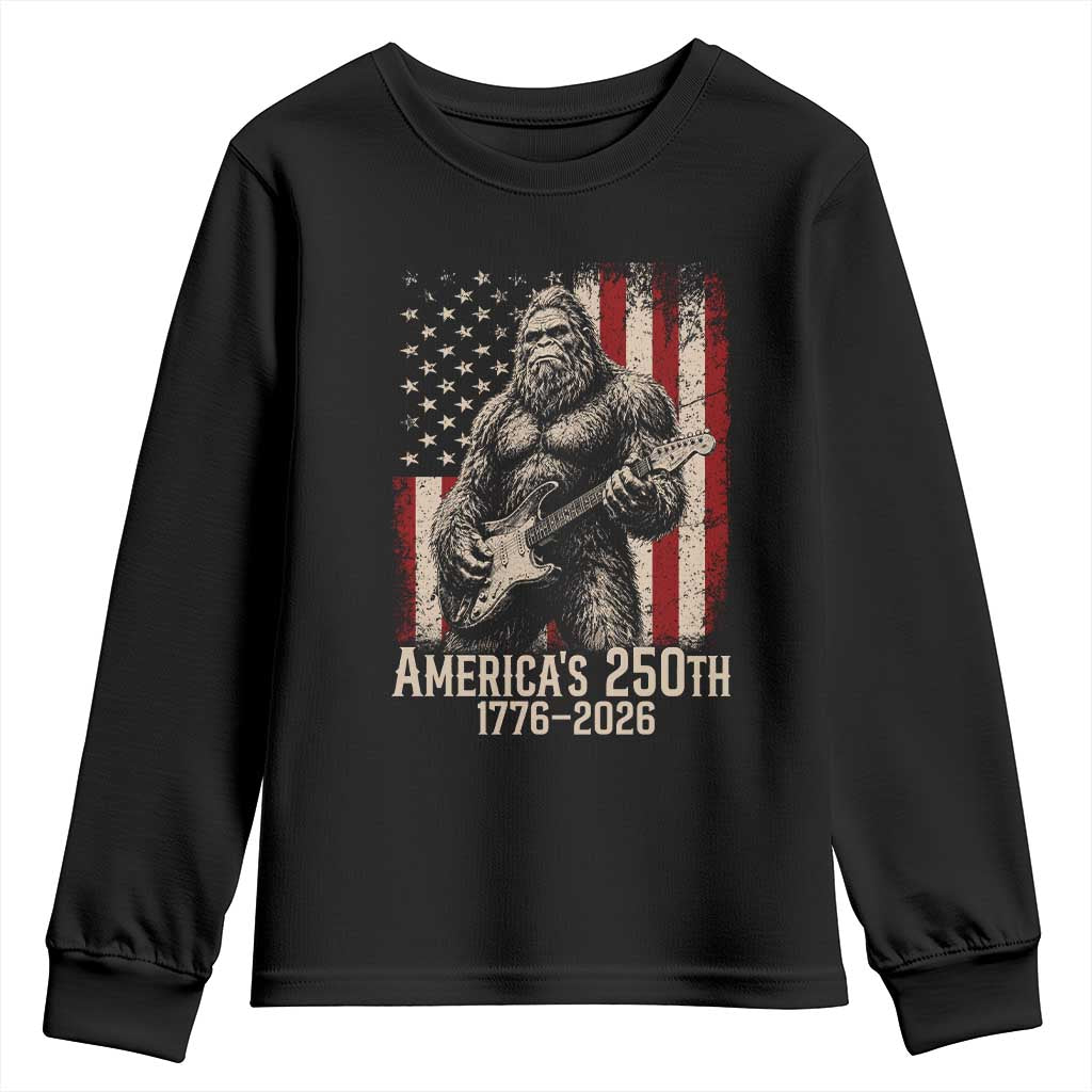 Americas 250th Anniversary 1776-2026 Bigfoot Rock Star Youth Sweatshirt Playing Electric Guitar Distressed American Flag Graphic TS02 Black Print Your Wear