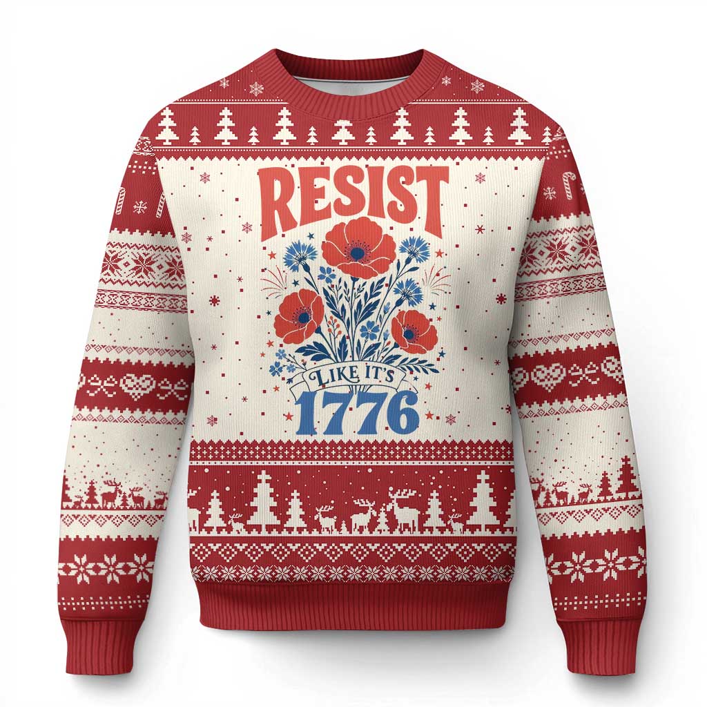 Resist Like Its 1776 Folk Art Floral Botanical Graphic Ugly Christmas Sweater Patriotic Statement Political Satire TS02 Beige Red Print Your Wear