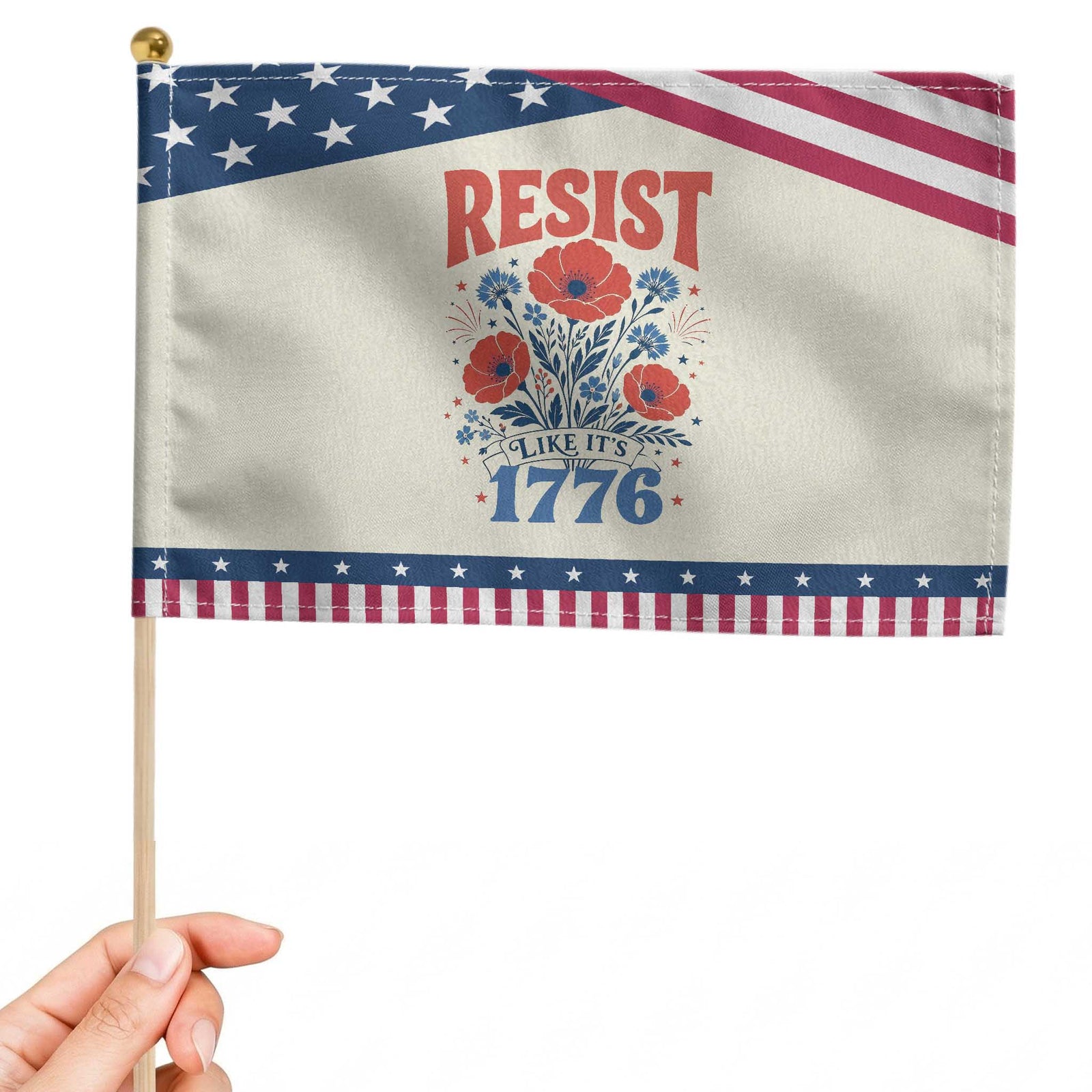 Resist Like Its 1776 Folk Art Floral Botanical Graphic Patriotic Handheld Flag Statement Political Satire TS02 Modern 8.2