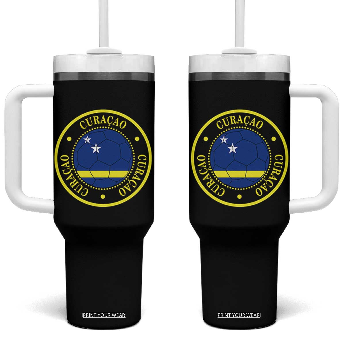 Curaçao Football Pride Circular Crest Vintage Tumbler With Handle Curacao Flag Soccer Fans Graphic TS02 One Size: 40 oz Black Print Your Wear