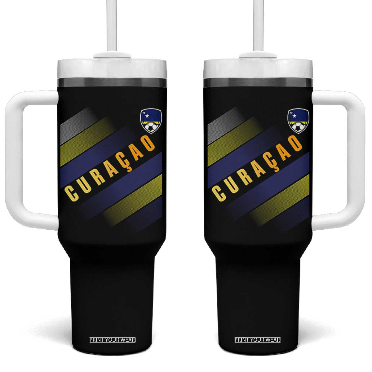 Curaçao Soccer Flag Stripe Jersey Style Tumbler With Handle Football Fans Pride Support TS02 One Size: 40 oz Black Print Your Wear