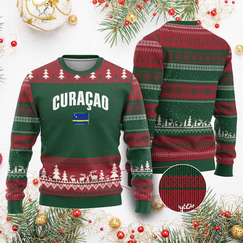 Curaçao National Flag Classic Heritage Ugly Christmas Sweater Caribbean Pride Souvenir TS02 Red Green Print Your Wear