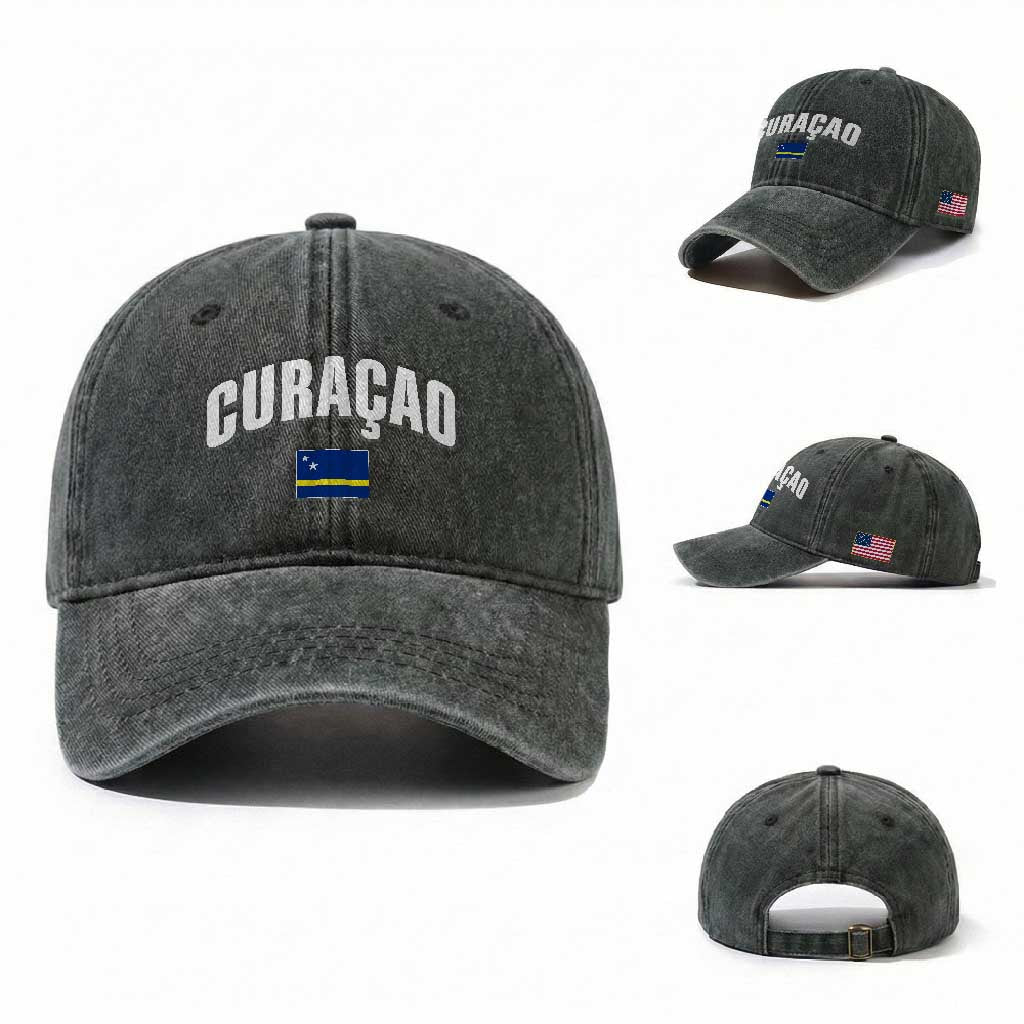 Curaçao National Flag Classic Heritage Washed Cotton Baseball Cap Caribbean Pride Souvenir TS02 Washed Cap Universal Fit Dark Green Print Your Wear