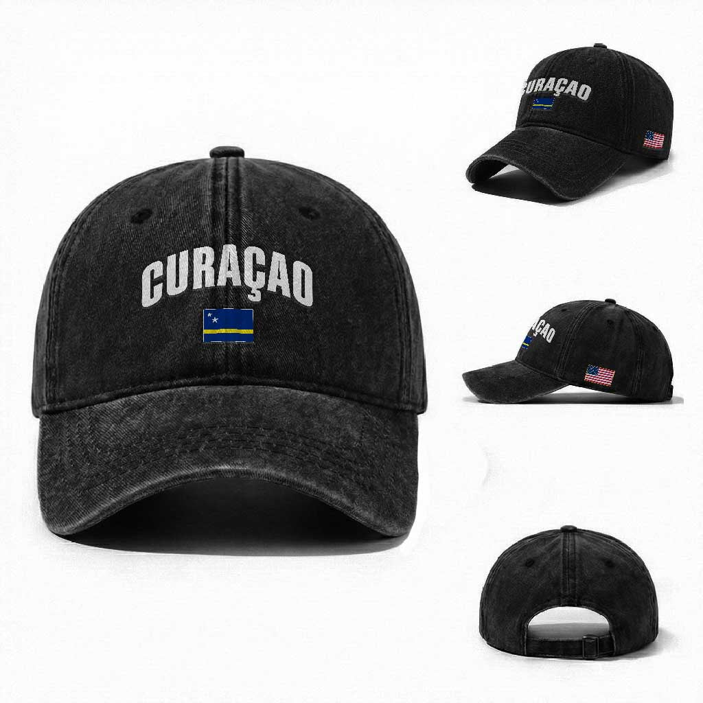 Curaçao National Flag Classic Heritage Washed Cotton Baseball Cap Caribbean Pride Souvenir TS02 Washed Cap Universal Fit Black Print Your Wear