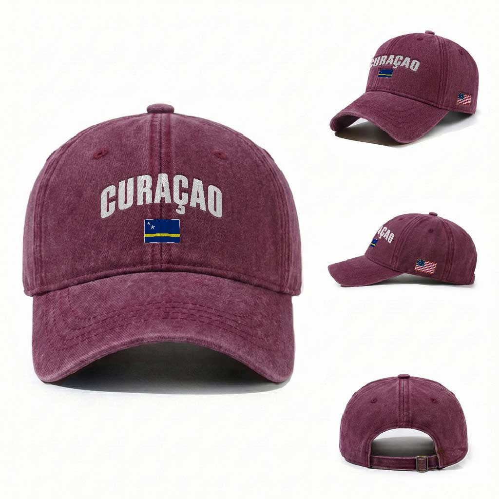 Curaçao National Flag Classic Heritage Washed Cotton Baseball Cap Caribbean Pride Souvenir TS02 Washed Cap Universal Fit Burgundy Print Your Wear