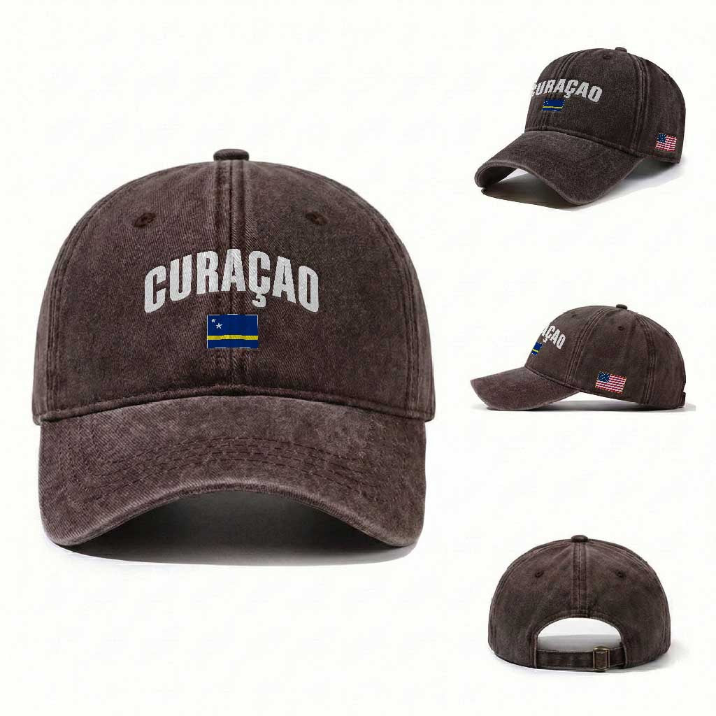 Curaçao National Flag Classic Heritage Washed Cotton Baseball Cap Caribbean Pride Souvenir TS02 Washed Cap Universal Fit Dark Brown Print Your Wear