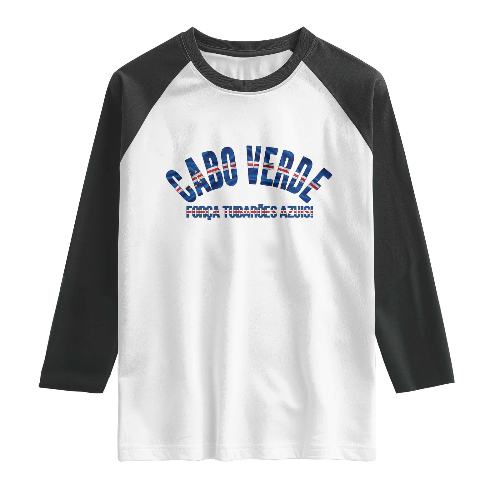 Forca Tubaroes Azuis Cabo Verde National Pride Raglan Shirt Cape Verde Football Fans Blue Sharks Heritage TS02 White Black Print Your Wear
