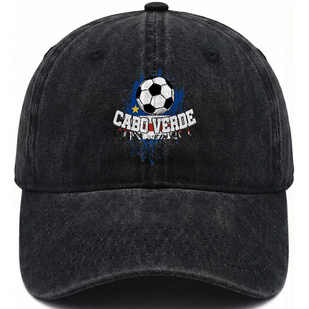 Cabo Verde Flag Football Graphic Washed Cotton Baseball Cap Cape Verde Soccer Fans Artistic Pride TS02 Print Your Wear
