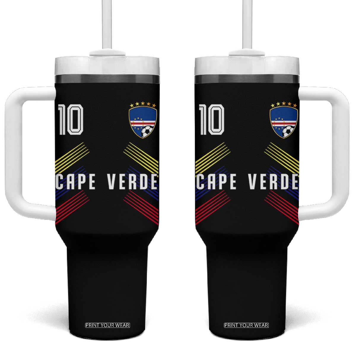 Cabo Verde Football Crest Pride Jersey Style Tumbler With Handle Cape Verde Soccer Fan Number 10 Athletic TS02 One Size: 40 oz Black Print Your Wear