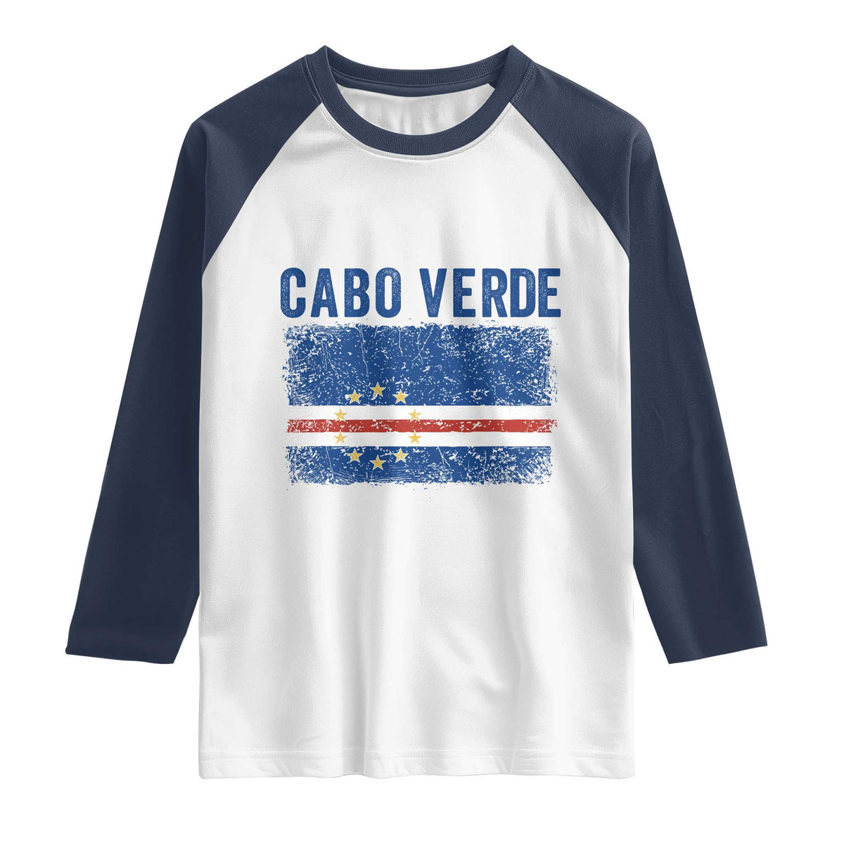 Cabo Verde Distressed Flag National Pride Raglan Shirt Cape Verde Heritage Pride Retro Grunge Graphic TS02 White Navy Print Your Wear