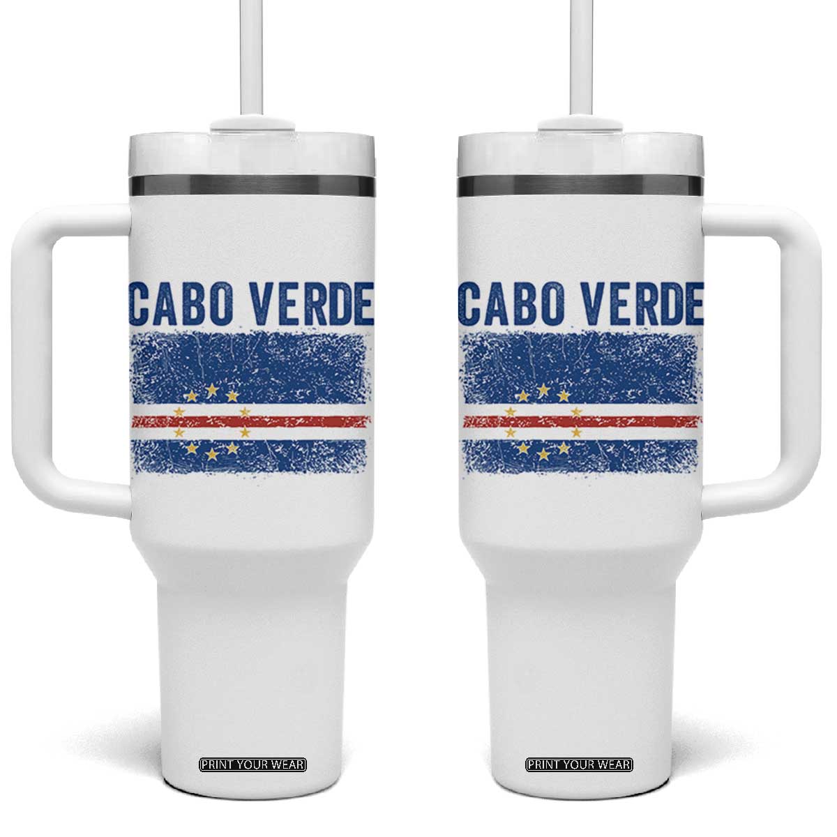 Cabo Verde Distressed Flag National Pride Tumbler With Handle Cape Verde Heritage Pride Retro Grunge Graphic TS02 One Size: 40 oz White Print Your Wear