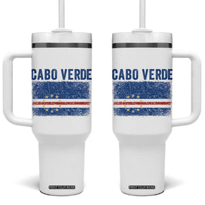 Cabo Verde Distressed Flag National Pride Tumbler With Handle Cape Verde Heritage Pride Retro Grunge Graphic TS02 One Size: 40 oz White Print Your Wear