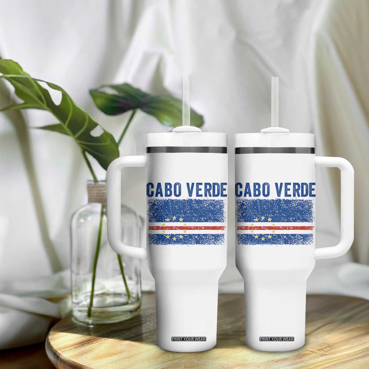 Cabo Verde Distressed Flag National Pride Tumbler With Handle Cape Verde Heritage Pride Retro Grunge Graphic TS02 Print Your Wear