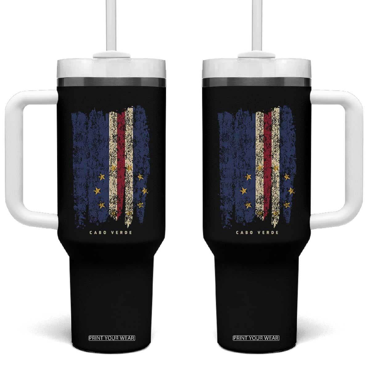 Cape Verde Vertical Brush Stroke Flag Graphic Tumbler With Handle Cabo Verde National Pride Artistic Gift TS02 One Size: 40 oz Black Print Your Wear